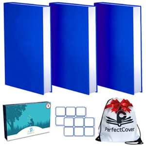 3 pack stretchable book covers – dark blue color durable, washable, reusable and protective jackets for hard cover schoolbooks and textbooks – by perfectcover (3-pack, dark blue)