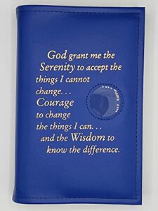 alcoholics anonymous aa big book cover serenity prayer & medallion holder blue