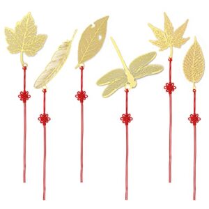 6pcs metal bookmarks with chain, golden hollow bookmark vintage exquisite metal bookmarks with red chinese knot hanging string maple leaf dragonfly feather for book lovers teens women men
