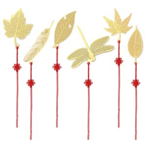 6pcs Metal Bookmarks with Chain, Golden Hollow Bookmark Vintage Exquisite Metal Bookmarks with Red Chinese Knot Hanging String Maple Leaf Dragonfly Feather for Book Lovers Teens Women Men