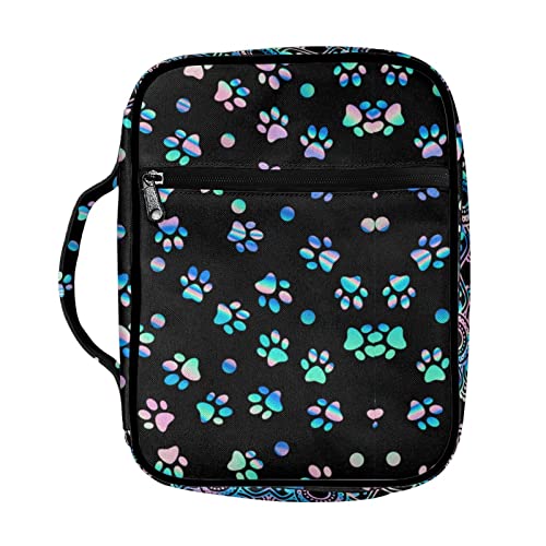 Salabomia Bible Book Cover, Dog Paw Print Zippered Bible Carrying Case for Women Girls, Bible Book Carrying Bags with Handle Pocket, Sturdy Bible Bags for Kids, Green and Black