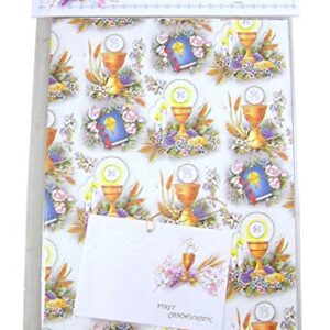 Folded JHS Communion Chalice, Host and Holy Bible Patterned First Communion Wrapping Paper Sheet, Pack of 3, 39 Inches x 27 Inches