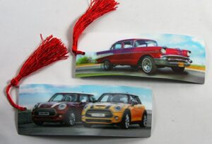 2 bookmarks – 3d lenticular – autos – vintage chevy and mini coopers with tassles