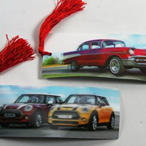 2 Bookmarks - 3D Lenticular - AUTOS - Vintage Chevy and Mini Coopers with Tassles