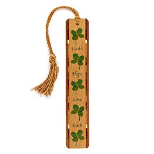 4 leaf lucky clover (faith hope love luck) wooden bookmark with tassel – also available with personalization – made in the usa