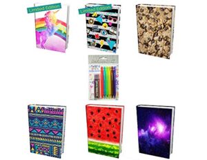 book sox – 6 jumbo prints stretchable book covers with 2 limited editions: unicorn and retro and bonus package of mechanical color pencils