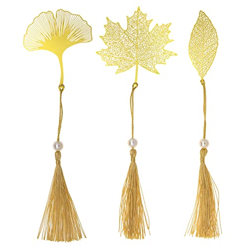 Micro Traders 3PCS Leaf Bookmarks Classical Vintage Hollow Metal Bookmarks with Tassel Retro Elegant Book Page Marks for Friends Family Classmates Reading Supplies Gold (318_CR)