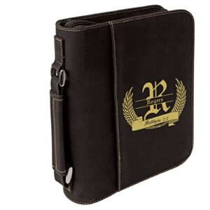 personalized large leatherette book/bible cover with handle and zipper | coat of arms design | fully customizable | laser engraved | gifts for any occasion (black/gold leatherette)