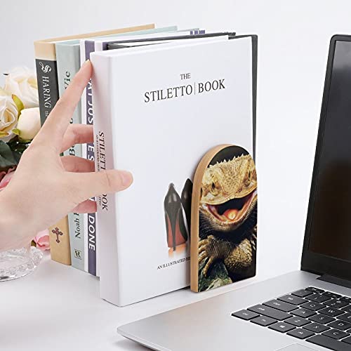 Cool Bearded Dragon Lizards Wooden Shelves Bookends Desktop Book Stand Book Ends Books Holder for Library School Home Office Study Bedroom Decoration（Logs）