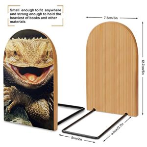 Cool Bearded Dragon Lizards Wooden Shelves Bookends Desktop Book Stand Book Ends Books Holder for Library School Home Office Study Bedroom Decoration（Logs）