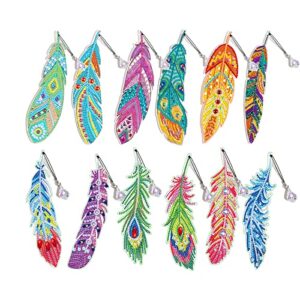 5d diamond painting bookmarks, 12 pcs diy crystal feather bookmark, rhinestone feather bookmarks kits with crystal pendant for kids adults home class craft school supplies, 12 styles