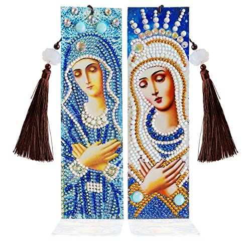 liziciti 2 Pieces 5D Diamond Painting Bookmarks Kits, Virgin Mary Madonna Tassel DIY Art Craft Crystal Rhinestones for Kids Adults Beginner, PU Leather 8.26x2.36 inch, Multicolor (art-zsh-smbqusF)