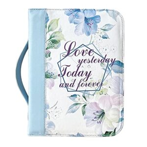 IvyRobes Zipper Bible Cover for Women Girls PU Leather, Blue Floral Pattern with Handle, Bible Bag Carrying Case Large Size