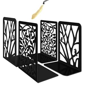 Iycnkok Bookends for Shelves Book Ends Holders Stoppers Supports Heavy Duty Metal, Bookmark Included, for Office Home Decorative, Bird and Leaf Design, 2 Pair