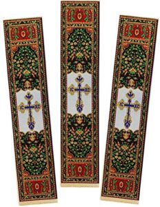 tapestry bookmarks three bar cross ic xc – set of 3 cloth book markers, 9 inch, black red green gold