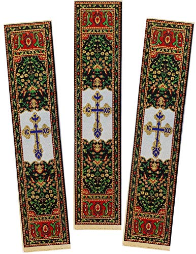 Tapestry Bookmarks Three Bar Cross Ic Xc - Set of 3 Cloth Book Markers, 9 inch, Black Red Green Gold