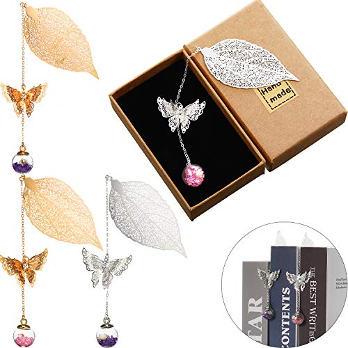 4 Pieces Metal Leaf Bookmarks, Graduate Student Reading Page Markers Bookend Pendant Bookmark Beautiful Metal Bookmark with 3D Butterfly and Glass Bead Dried Flower Pendant for Graduation, Reader