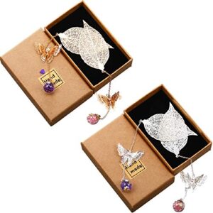 4 Pieces Metal Leaf Bookmarks, Graduate Student Reading Page Markers Bookend Pendant Bookmark Beautiful Metal Bookmark with 3D Butterfly and Glass Bead Dried Flower Pendant for Graduation, Reader