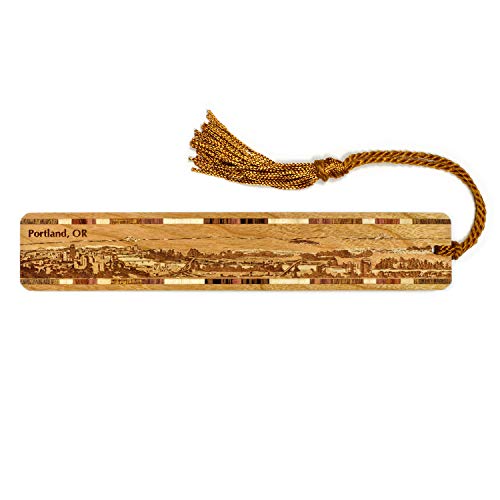 Portland Oregon Skyline Engraved Wooden Bookmark with Tassel - Made in USA - Also Available Personalized