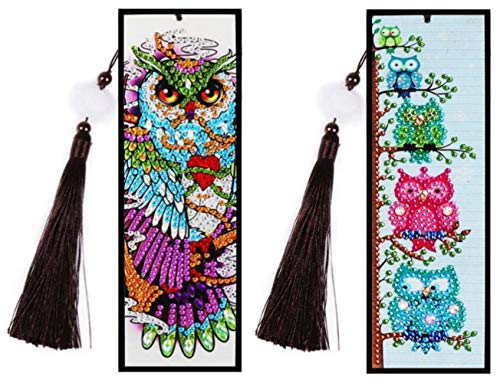 Owl Bookmark Diamond Painting Kit - pigpigboss 2 Packs DIY Bookmark Diamond Painting Set Crystal Rhinestones Diamond Painting Bookmark with Tassel Owl Bookmark Diamond Painting Art (21 x 6 cm)