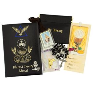 first holy communion gift set | catholic prayer kit for children | includes blessed trinity mass missal, bookmark, rosary, pouch, and pin | black or white for boys and girls (black)