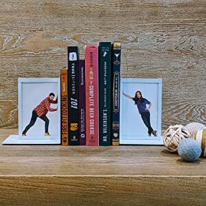 MODBRANDS Premium Bookends Set with Photo Frames. Non-Skid, Sturdy Metal with Acrylic Photo Protection (Extra acrylics Included), 6.75 x 5.5 x 4 in, 1 Pair (Set of 2), White