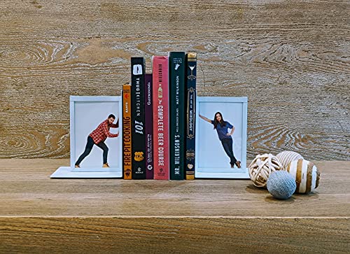 MODBRANDS Premium Bookends Set with Photo Frames. Non-Skid, Sturdy Metal with Acrylic Photo Protection (Extra acrylics Included), 6.75 x 5.5 x 4 in, 1 Pair (Set of 2), White