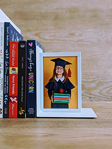 MODBRANDS Premium Bookends Set with Photo Frames. Non-Skid, Sturdy Metal with Acrylic Photo Protection (Extra acrylics Included), 6.75 x 5.5 x 4 in, 1 Pair (Set of 2), White