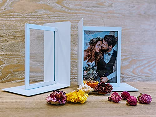 MODBRANDS Premium Bookends Set with Photo Frames. Non-Skid, Sturdy Metal with Acrylic Photo Protection (Extra acrylics Included), 6.75 x 5.5 x 4 in, 1 Pair (Set of 2), White