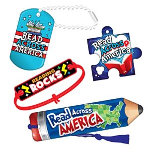 2023 celebrate read across america day classroom pack for 25 students: five items per student- 2 brags tags w/ 4 in. chain, bookmark w/tassel, & & rubbery 3d brag stick.