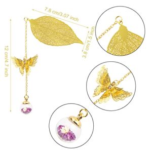 Penta Angel Metal Leaf Bookmark with 3D Butterfly Pendant Birthday Garduation Christmas Appreciation Gift Set for Teachers Students Book Lovers Readers (Gold, Purple White Flower)