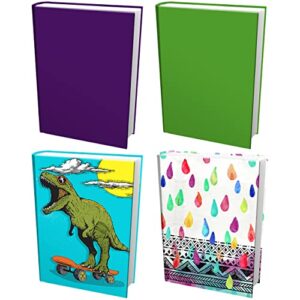 easy apply, stretchable book cover 4 pk. best jumbo 9×11 large textbook covers for back to school. washable jacket fits most large hardcover books. perfect fun, designs for girls, boys, kids and teens