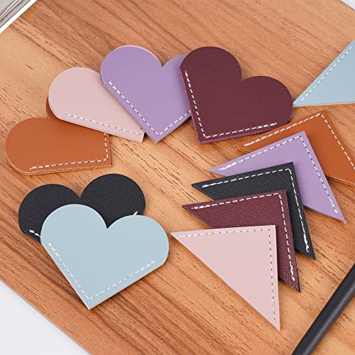 Gydandir 12 Pcs Leather Heart Triangle Bookmark Corner Page Book Marks Cute Book Accessories for Reading Lover, Handmade Book Reading Gift for Book Lovers