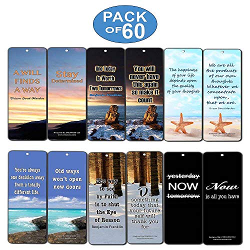 Creanoso Inspirational Quotes Bookmarks Cards (60-Pack) - Wisdom Sayings - Encouragement Stocking Stuffers Gifts for Men Women Adults Teens Kids Entrepreneur Seminar Bookmarker Pack