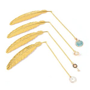 framendino, 4 pack metal feather bookmarks gold retro book page chain pendant bookmark gifts for reader, book lovers, students, teachers, friends