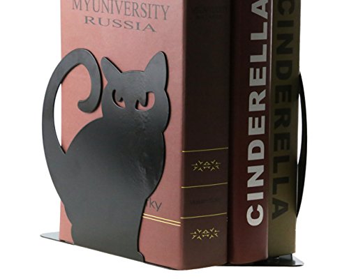 Cute Vivid Lovely Persian Cat Book Organizer Metal Bookends for Kids School Library Desk Study Home Office Decoration Gift (Black)