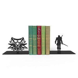 Witcher and Wolf, Bookends for Shelves, Book Ends for Office, Modern Bookends for Desk and Bookshelves, Metal bookends, Heavy Duty Metal Black Bookend Support, Creative Book Ends.