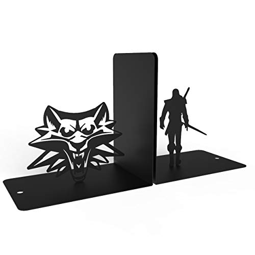 Witcher and Wolf, Bookends for Shelves, Book Ends for Office, Modern Bookends for Desk and Bookshelves, Metal bookends, Heavy Duty Metal Black Bookend Support, Creative Book Ends.