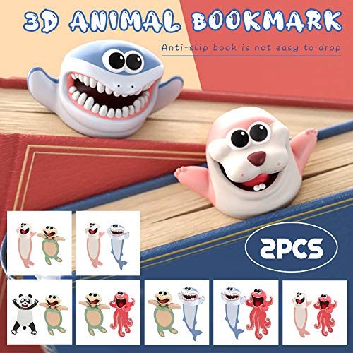 Lookvv Wacky Bookmark Pals for Kids, 3D Stereo Kawaii Cartoon Silicone Book Marker for School Supplies Stationery Assorted (2PC - D)