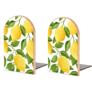 nfgse book ends, yellow lemon leaf 2 pcs 5 x 3 inch modern home decorative bookends for shelves, fashion design wood book stopper for heavy books office school home kitchen