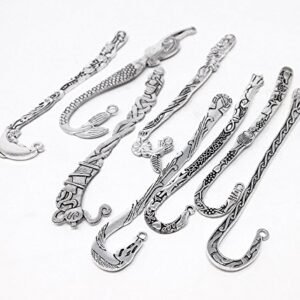 yueton 8pcs Mixed Pattern Antique Silver Metal Carved Hook Bookmarks