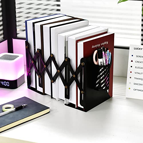 Adromy Adjustable Bookends, Book Holder, Metal Desktop Organizer Storage Rack Expandable Display Bookshelf with Pen Holder for Kid Child Student Home School Office Library - Black