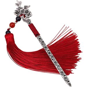 akoak 1 pack vintage metal bookmark with tassels and beads, unique classic chinese style hairpin bookmark, marked as a gift collection for book lovers, plum blossom