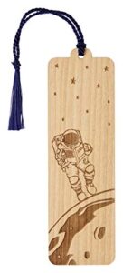 juniper and ivy designs wood bookmark – reading astronaut – laser engraved – wooden book mark with navy blue tassel