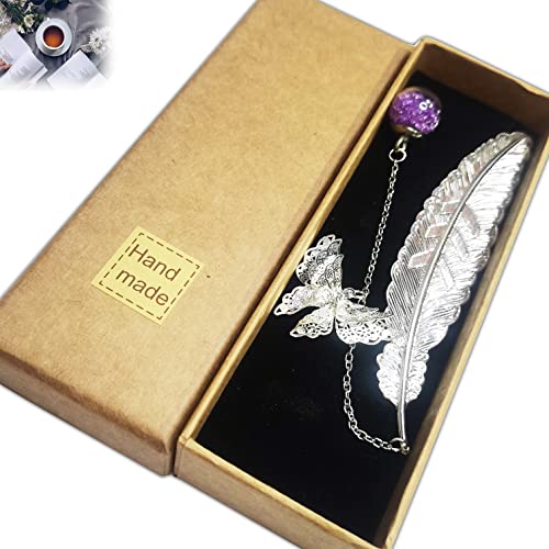 SCGFPOE Metal Feather Bookmark, Perfect for Women and Girls, Birthday Gift, Teacher Gifts with 3D Butterfly Pendant for Christmas Day,Thanksgiving,Unique Gifts for Book Lovers,Silver