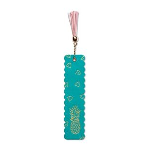 c.r. gibson teal and gold pineapple pattern faux leather bookmark with pink tassel, 1.75 w x 7 h inches