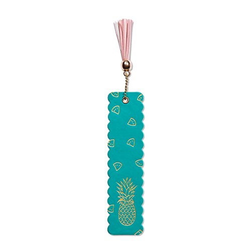 C.R. Gibson Teal and Gold Pineapple Pattern Faux Leather Bookmark with Pink Tassel, 1.75 W x 7 H Inches