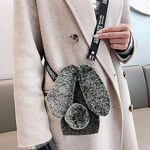 Jorisa Plush Rabbit Case for Oneplus Nord N100,Cute Furry 3D Bunny Ears Hairball Winter Warm Soft Fluffy Fuzzy Girls Women Cover with Crossbody Shoulder Strap Neck Lanyard Case,Dark Gray