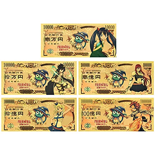 YJacuing Anime Fairy Tail Gold Coated Banknote, Limited Edition Collectible Bill Bookmark (5 PCS Collection)