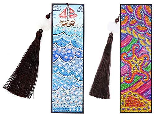 Sailboat and Starfish Diamond Painting Bookmark - pigpigboss 2 Packs DIY Bookmark Diamond Painting Arts Crfats Kit Leathe Tassel Diamond Painting Bookmark Starfish Bookmark Diamond Dots (21 x 6 cm)